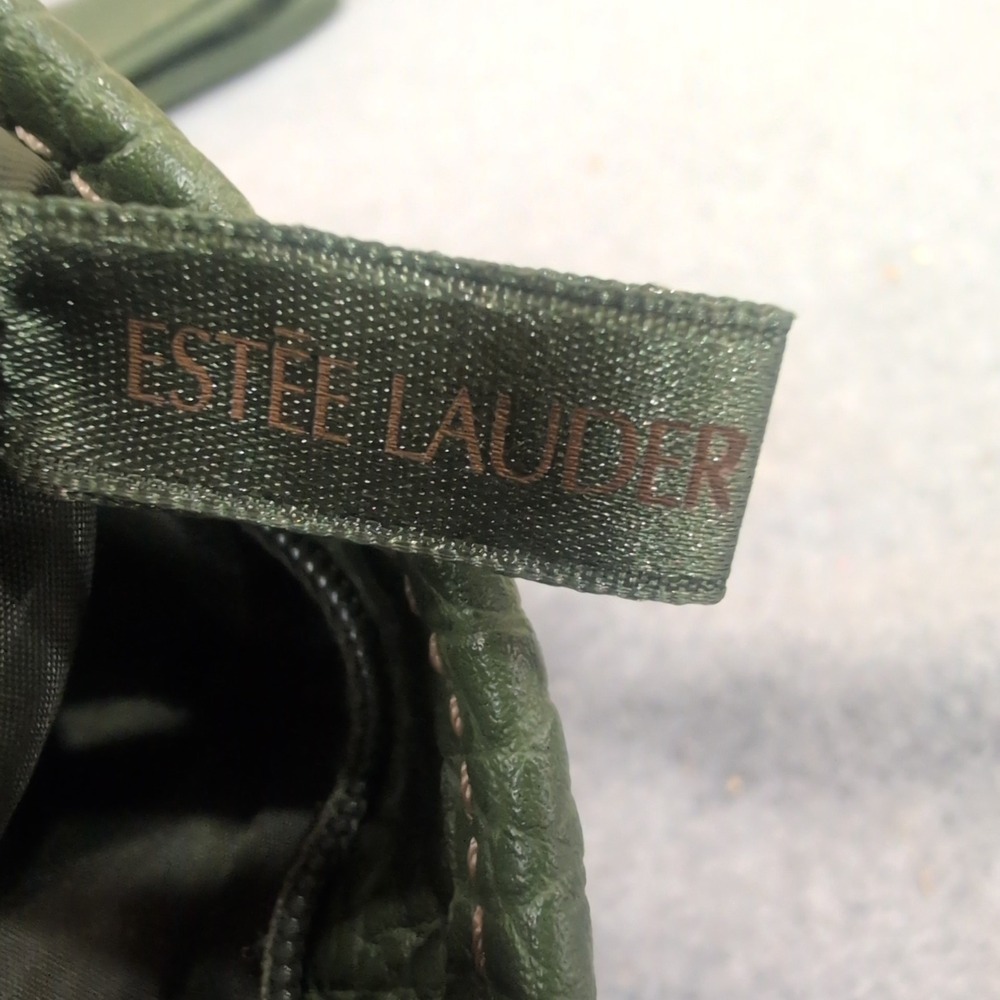 Estee Lauder Olive Green Pebbled Faux Leather Tote Bag with Cosmetic Pouch Set - Picture 6 of 7